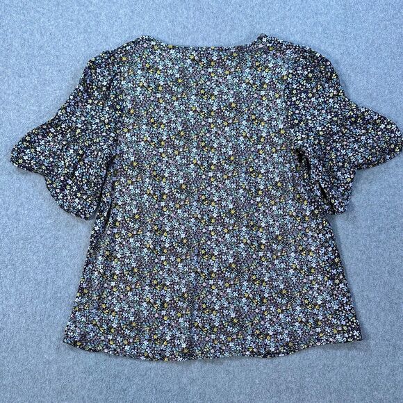 LOFT V-Neck Bell Sleeve Floral Blouse Women's Small Navy Blue Yellow Top - Picture 7 of 7